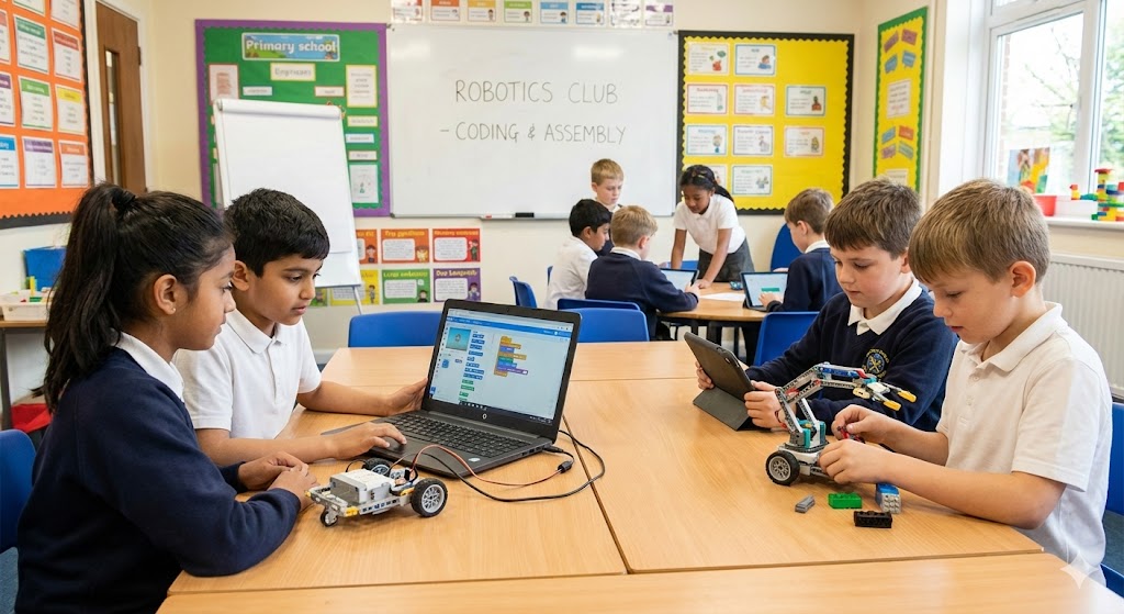 เด็กประถมกำลังเรียนโค้ดดิ้งและประกอบหุ่นยนต์